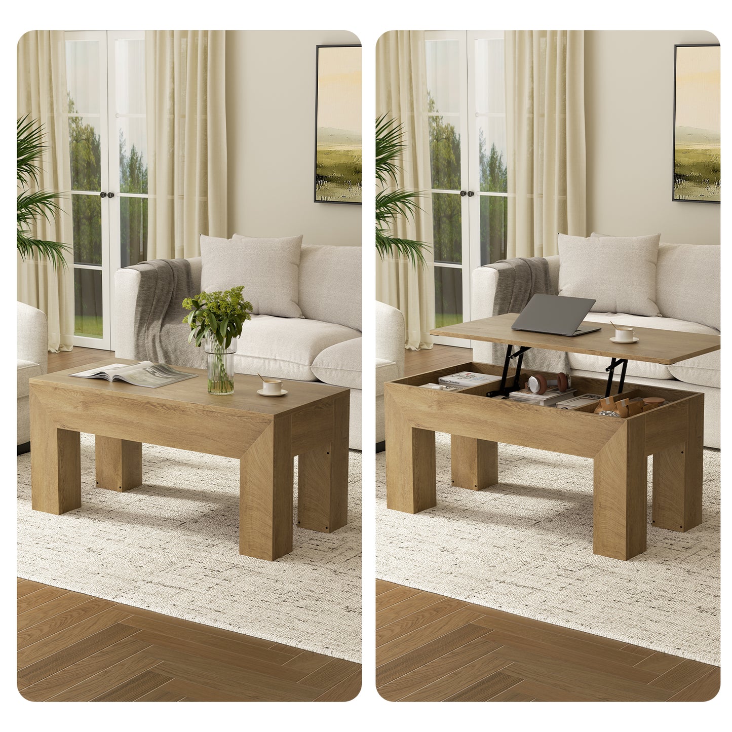 GUNAITO Lift Top Coffee Table with Storage, Wooden Convertible Coffee Table for Living Room, Farmhouse Center Table, Natural