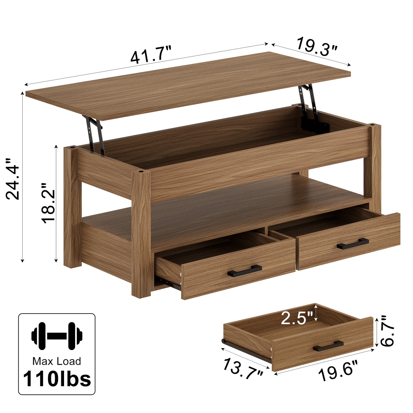 GUNAITO Lift Top Coffee Table with 2 Drawers, Wooden Coffee Table with Storage Cabinet and Hidden Compartments for Living Room, light brown, Rectangle