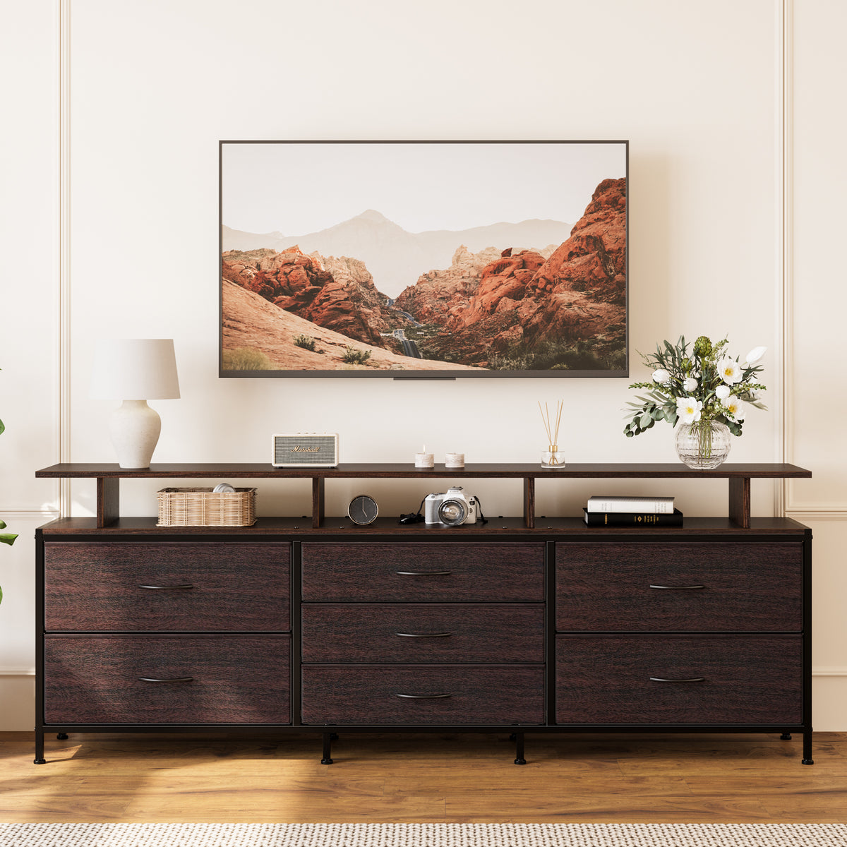 GUNAITO TV Stand with Adjustable Mount for TV up to 70", Big TV Stand for Living Room with Storage , Dark brown