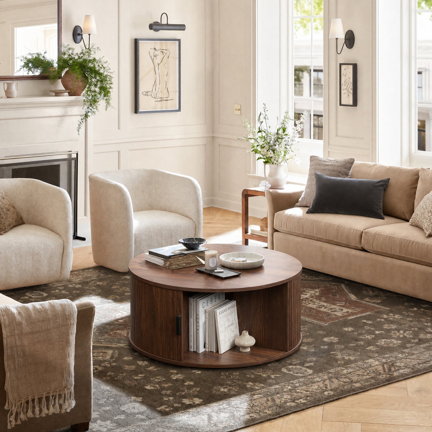 GUNAITO Round Lift Top Coffee Table with Storage and Sliding Door, Wooden Center Table for Living Room, Walnut