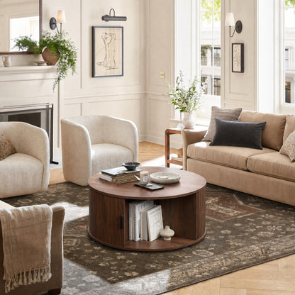 GUNAITO Round Lift Top Coffee Table with Storage and Sliding Door, Wooden Center Table for Living Room, Walnut