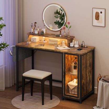 GUNAITO 47" Gaming Desk with LED Lights & Power Outlet，Computer desk with Glass Storage Shelves & Computer Holder，Rustic Brown