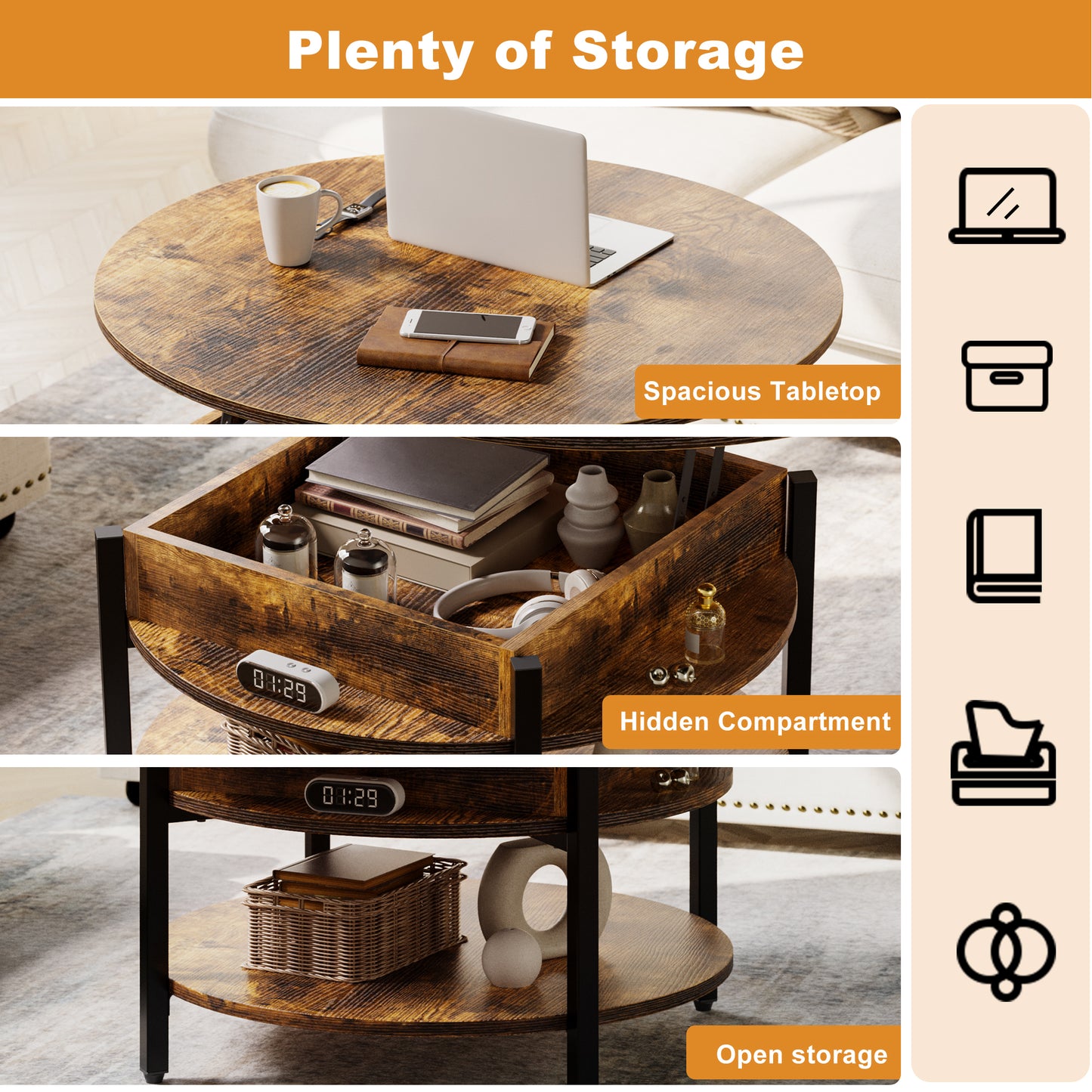 GUNAITO Round Lift Top Coffee Table with Storage Modern Farmhouse Center Table with Shelf Small 2 Tier Circle Table for Living Room Rustic Brown
