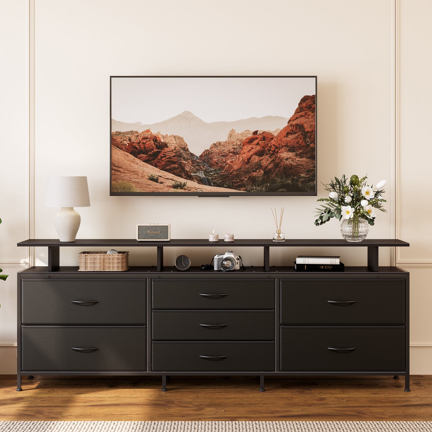GUNAITO TV Stand with Adjustable Mount for TV up to 75", Big TV Stand for Living Room with Storage , Black