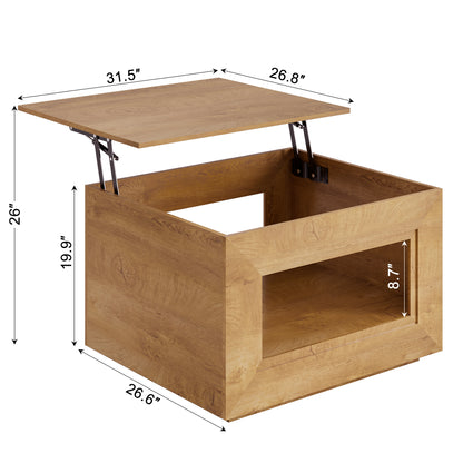 GUNAITO Lift Top Coffee Table with Storage, Wooden Convertible Coffee Table with LED Lights for Living Room, Square Center Table, Natural wood