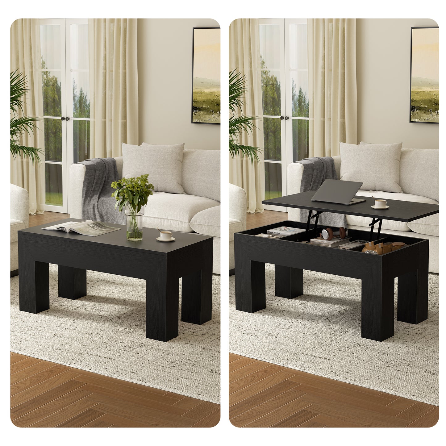 GUNAITO Lift Top Coffee Table with Storage, Wooden Convertible Coffee Table for Living Room, Farmhouse Center Table, Black