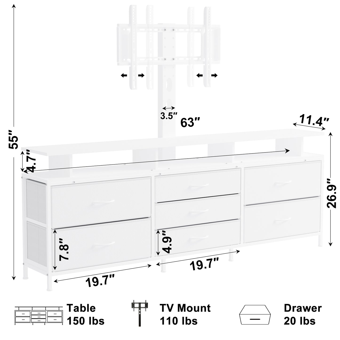 GUNAITO TV Stand with Adjustable Mount for TV up to 70", Big TV Stand for Living Room with Storage , White