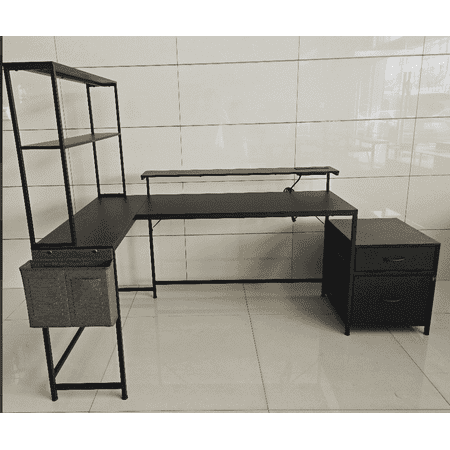 GUNAITO L Shaped Computer Desk 71 inch Office Desk with Tier Shelves and Drawer,Storage Bag for Home Office