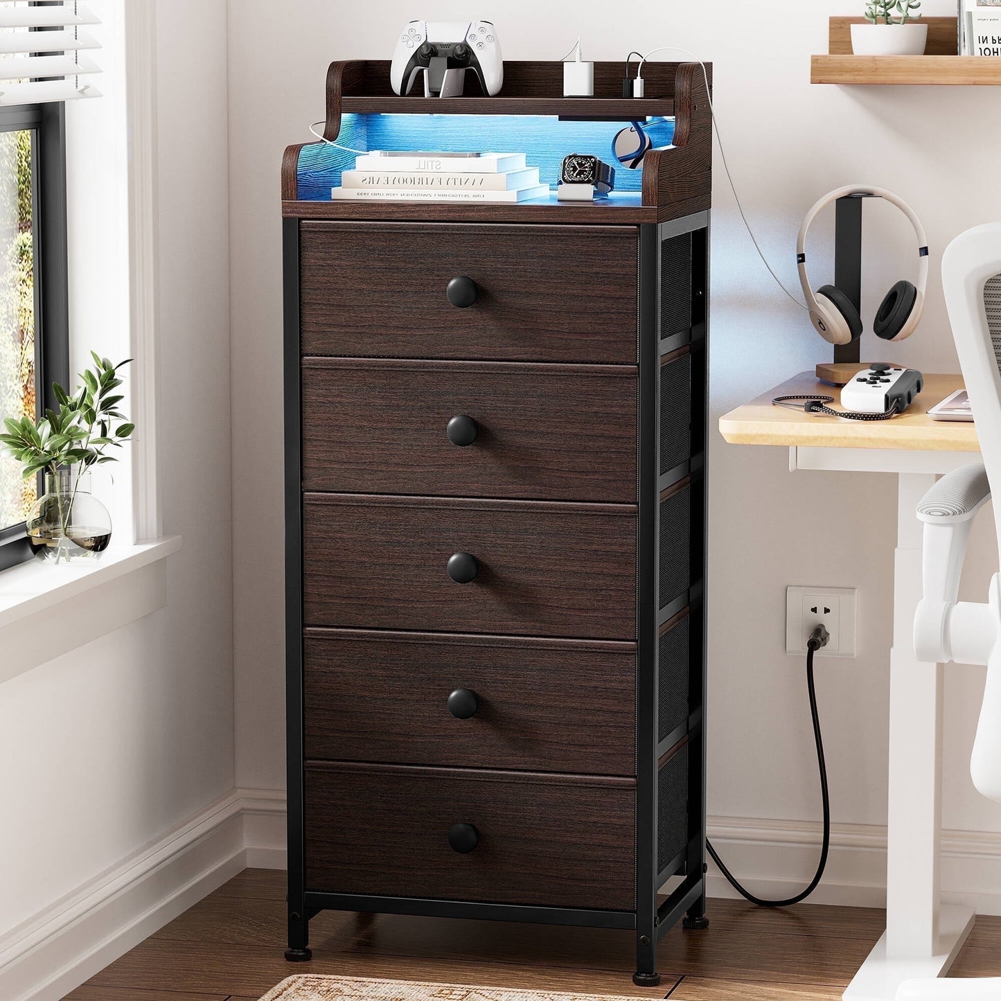 GUNAITO Led Dresser for Bedroom with 5 Drawers Tall Narrow Chest of Drawers Fabric Storage Dresser for Adults,Brown