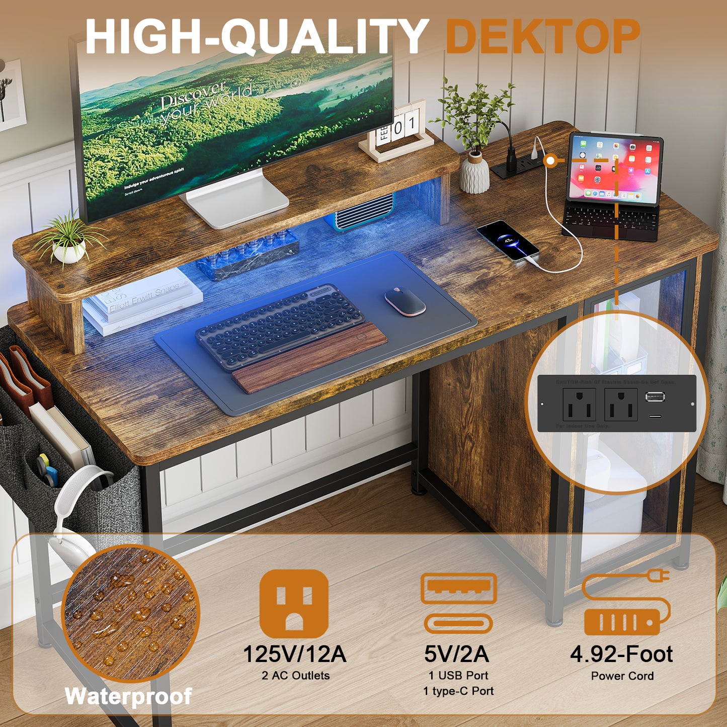 GUNAITO 47" Gaming Desk with LED Lights & Power Outlet，Computer desk with Glass Storage Shelves & Computer Holder，Rustic Brown