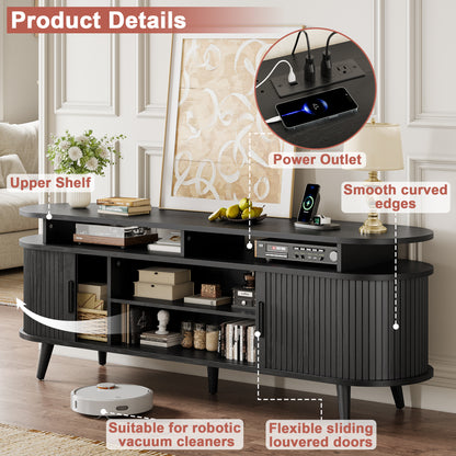 GUNAITO TV Stand for TVs up to 70", Wood TV Stand for Living Room , Entertainment Center with Storage and Shelves, Mid-Century Modern, Black