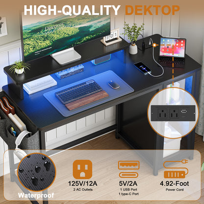GUNAITO 47" Gaming Desk with LED Lights & Power Outlet，Computer desk with Glass Storage Shelves & Computer Holder，Carbon Fiber Black