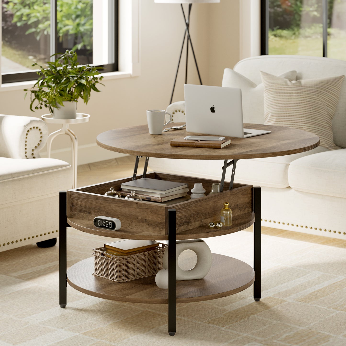 GUNAITO Round Lift Top Small Coffee Table with Storage Modern Farmhouse Center Table with Shelf Small Circle Table for Living Room,Light brown
