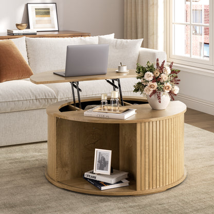 GUNAITO Round Lift Top Coffee Table with Storage and Sliding Door, Wooden Center Table for Living Room, Natural wood