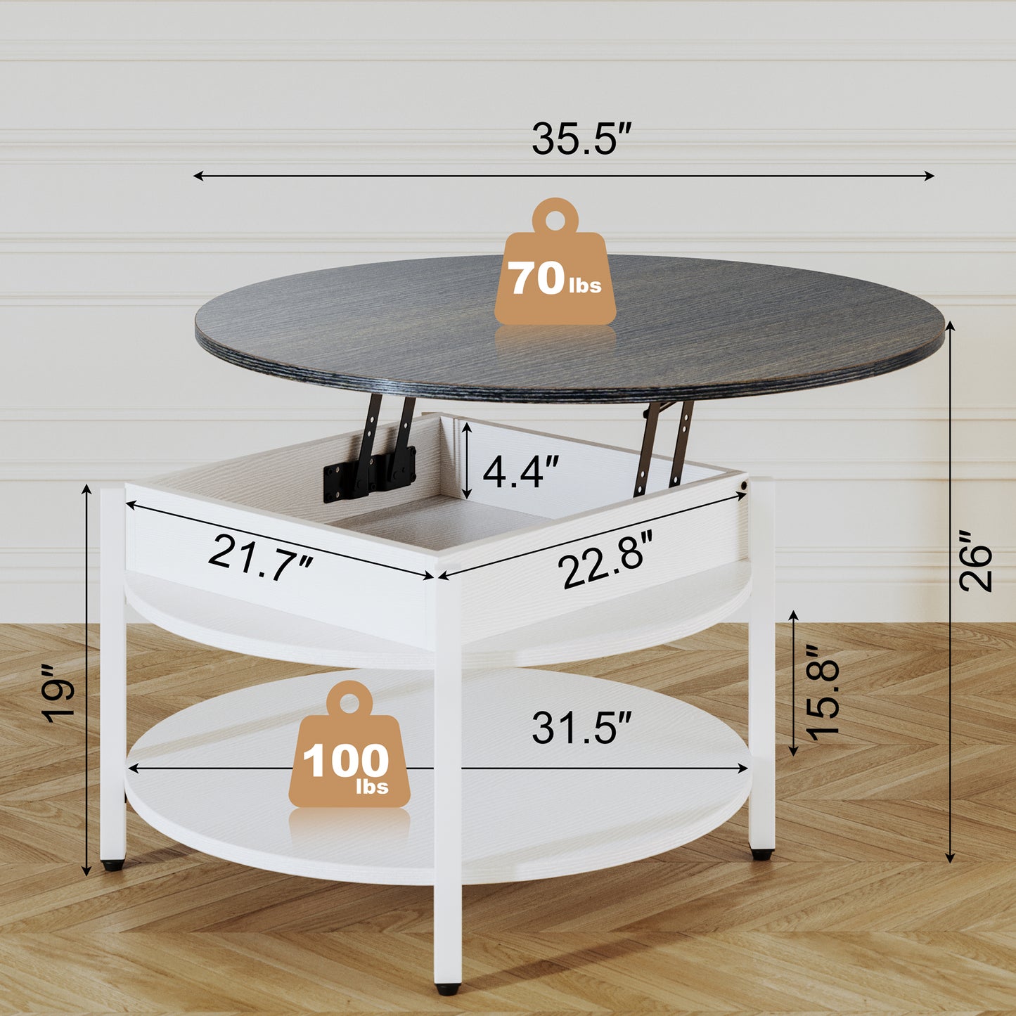 GUNAITO Round Lift Top Coffee Table with Storage Farmhouse Circle Table with Hidden Compartment Large 2 Tier Modern Center Table for Living Room,White