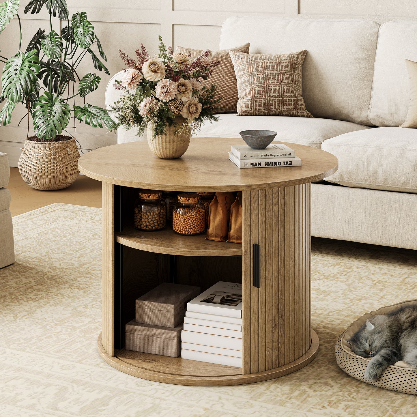 GUNAITO Round Small Coffee Table with Storage, Modern Farmhouse Center Table with Shelf Wood Table for Living Room, Natural wood