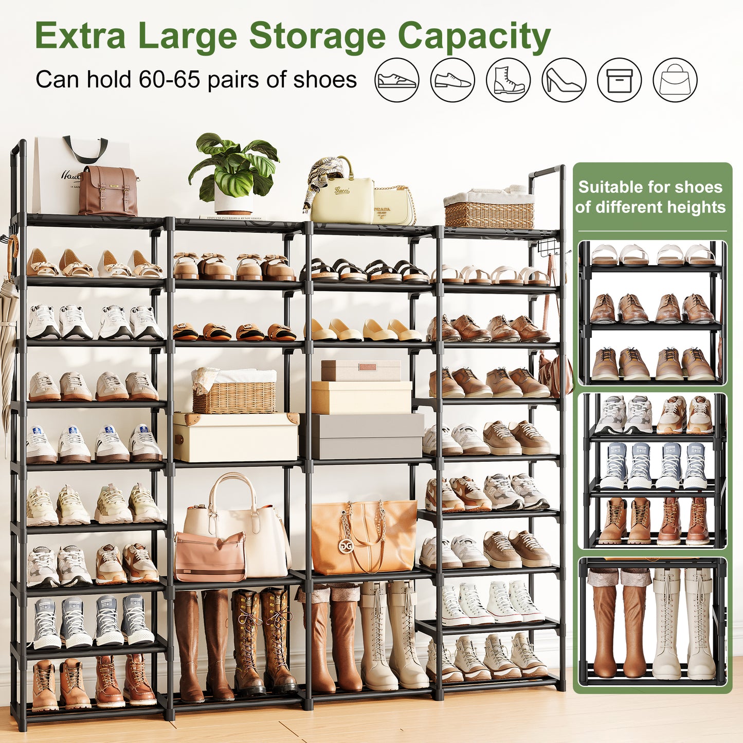 BGTREND 9 Tiers Large Shoe Rack 4 Columns Metal Shoe Storage Organizer 60-65 Pairs Joinable Shoe Tower for Closet Entryway (62 inches, Black)