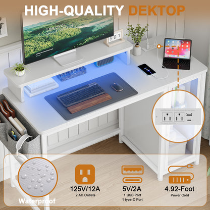 GUNAITO 47" Gaming Desk with LED Lights & Power Outlet，Computer desk with Glass Storage Shelves & Computer Holder，Carbon Fiber White