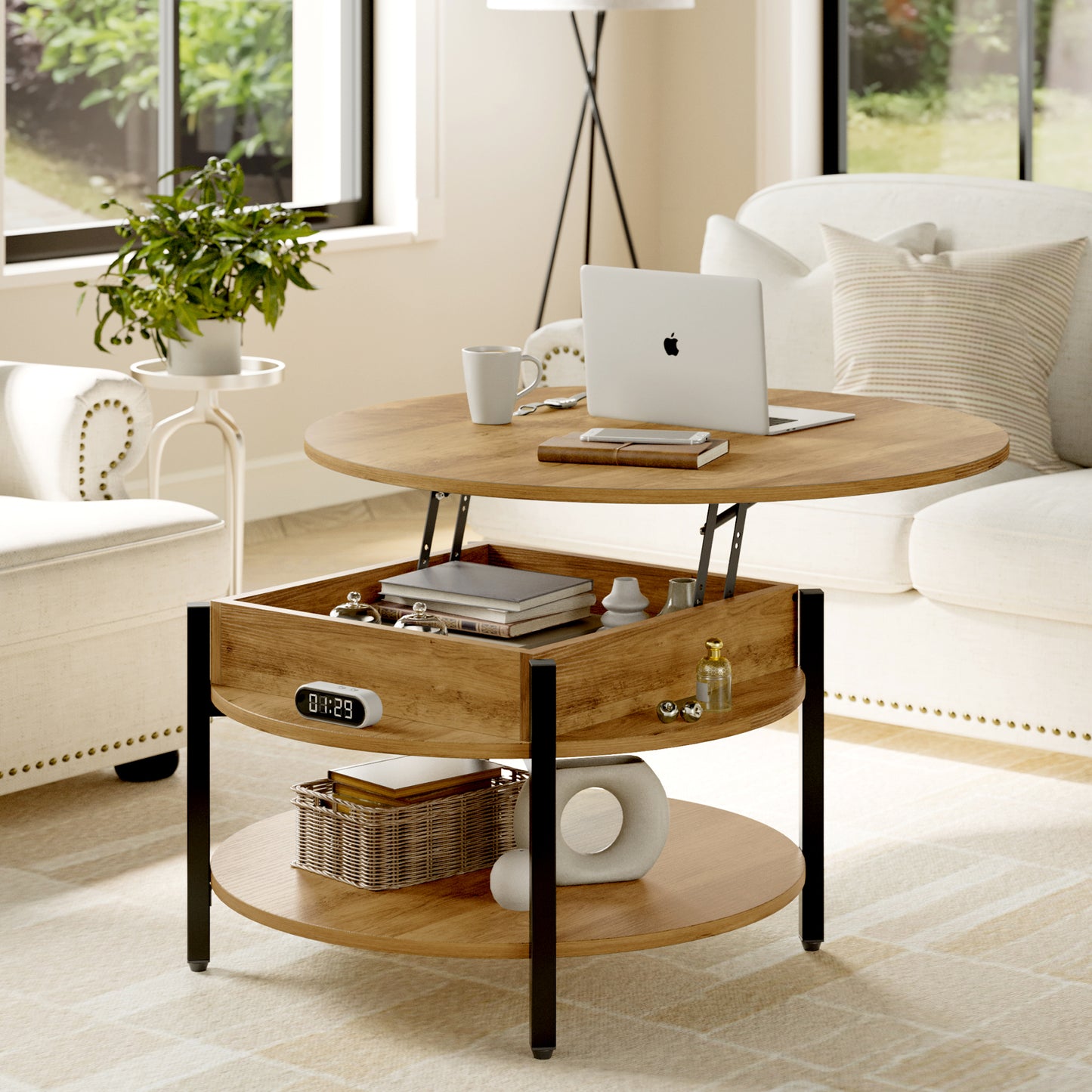 GUNAITO Round Lift Top Small Coffee Table with Storage Modern Farmhouse Center Table with Shelf Small Circle Table for Living Room,Light brown