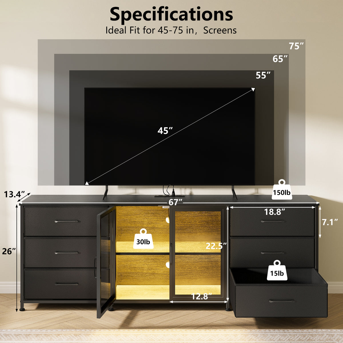 GUNAITO TV Stand for TVs up to 75", Entertainment Center with 6 Fabric Drawers and LED Lights, Big TV Stand with Media Console Storage Cabinet for Living Room, Black