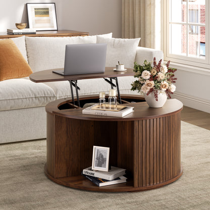 GUNAITO Round Lift Top Coffee Table with Storage and Sliding Door, Wooden Center Table for Living Room, Walnut