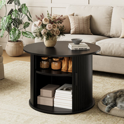 GUNAITO Round Small Coffee Table with Storage, Modern Farmhouse Center Table with Shelf Wood Table for Living Room, Black