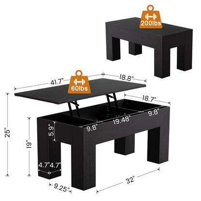 GUNAITO Lift Top Coffee Table with Storage, Wooden Convertible Coffee Table for Living Room, Farmhouse Center Table, Black
