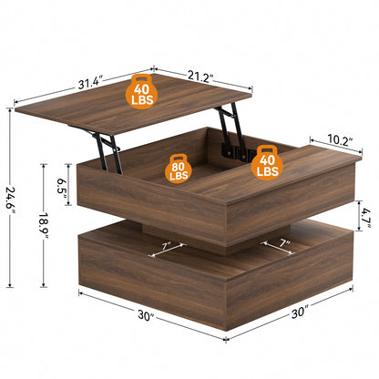 GUNAITO Lift Top Coffee Table with Storage and Hidden Compartment, Wood Square Coffee Table for Living Room, 31.5'' Small Center Table with Open Display Shelf for Dining Reception Room, Walnut