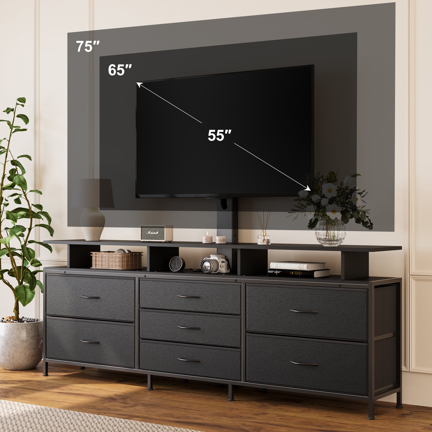 GUNAITO TV Stand with Adjustable Mount for TV up to 75", Big TV Stand for Living Room with Storage , Black