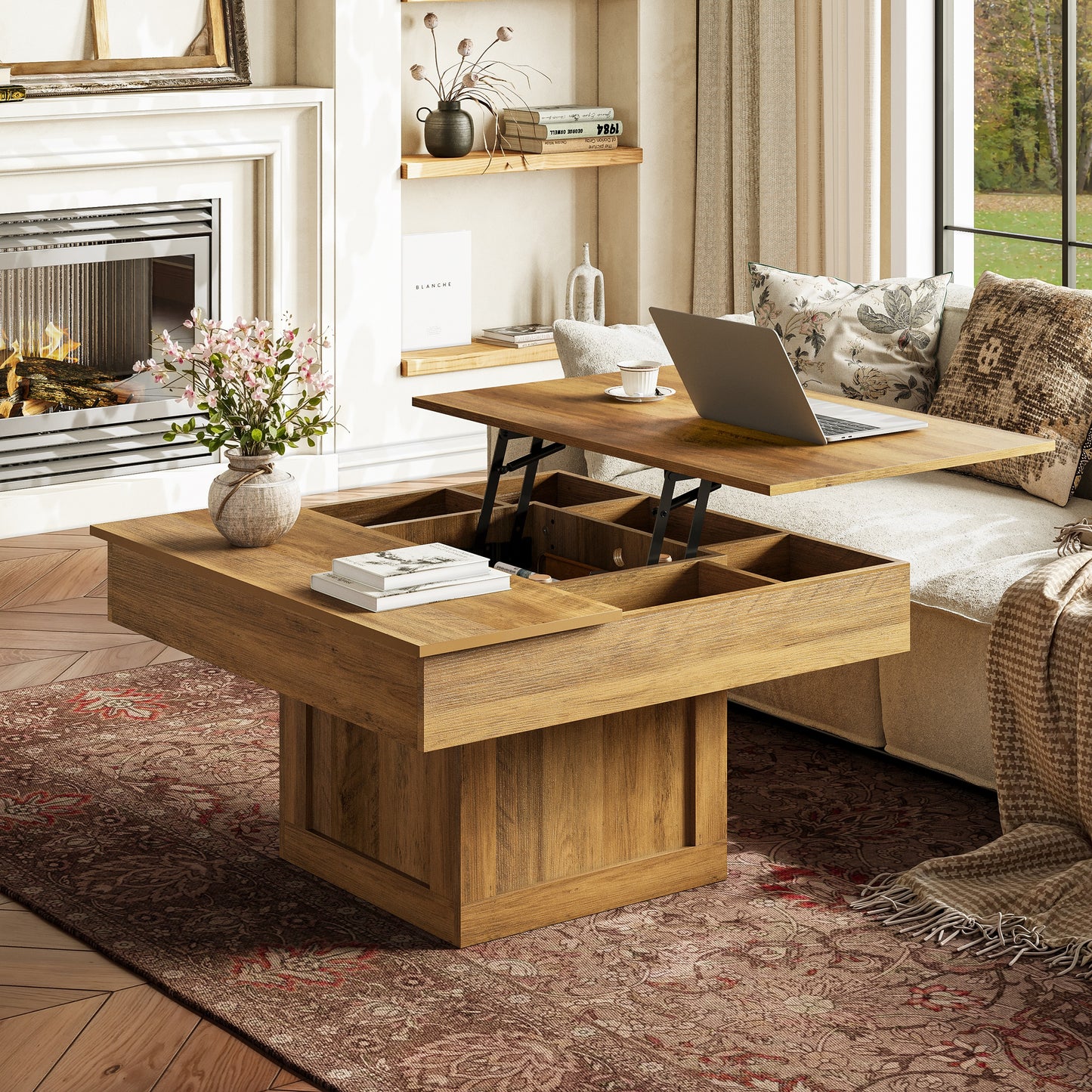 GUNAITO Lift Top Coffee Table with LED Lights, Modern Farmhouse Center Table with Storage, 31.5''Hx31.5''Wx19''D, Light Brown