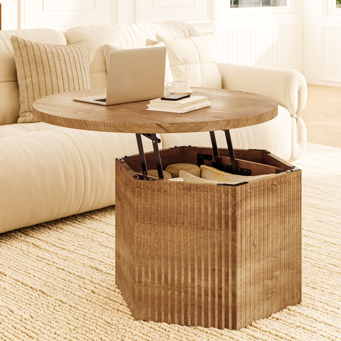 GUNAITO Round Lift Top Coffee Table with Storage, Modern Farmhouse Center Table for Living Room, Natural wood color
