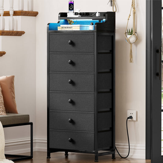 GUNAITO Tall Led Dresser for Bedroom with 6 Drawers Chest of Drawers Fabric Storage Bin Grey
