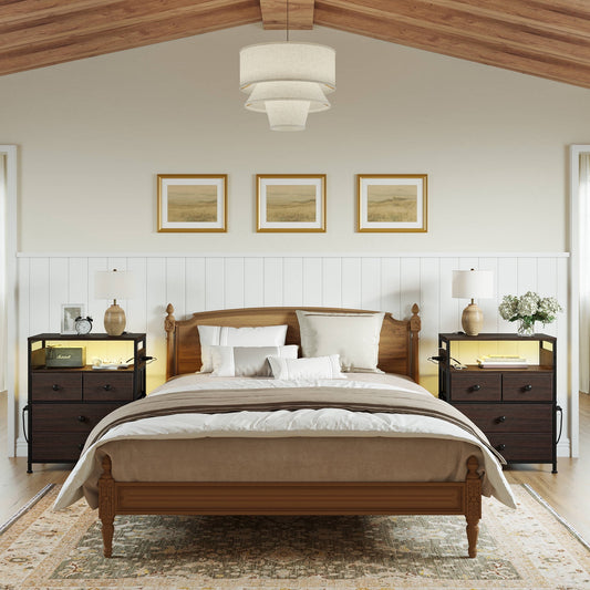 GUNAITO Led Nightstand Set of 2 with 4 Drawers Bedside Table with Charging Station Wide End Table with Storage Shelf for Living Room,Brown