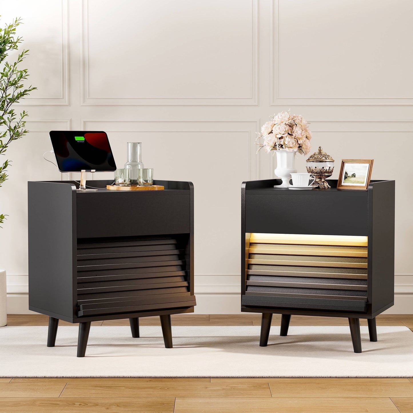 GUNAITO Nightstand with Charging Station Bedside Table with LED Light Wood Nightstand with Drawers End Table for Small Space Black 2pcs