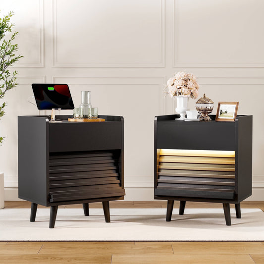 GUNAITO Nightstand with Charging Station Bedside Table with LED Light Wood Nightstand with Drawers End Table for Small Space Black 2pcs