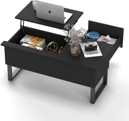 GUNAITO Lift Top Coffee Table with Hidden Storage Space,Dining Table with Rising Tabletop Lift Top Desk for Living Room Black