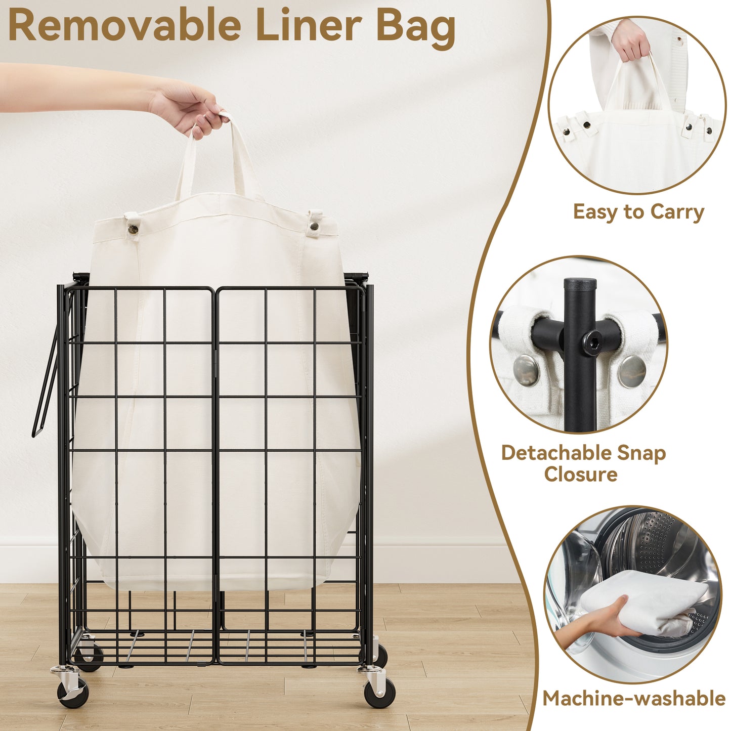 GUNAITO 95L Laundry Basket with Lid and Wheels, Iron Wire Laundry Hamper with Rattan Lid and Removable Liner Bag, Rolling Hamper with Handle (Black & Beige)