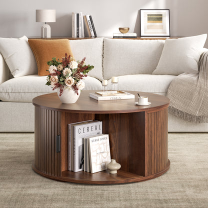 GUNAITO Round Lift Top Coffee Table with Storage and Sliding Door, Wooden Center Table for Living Room, Walnut