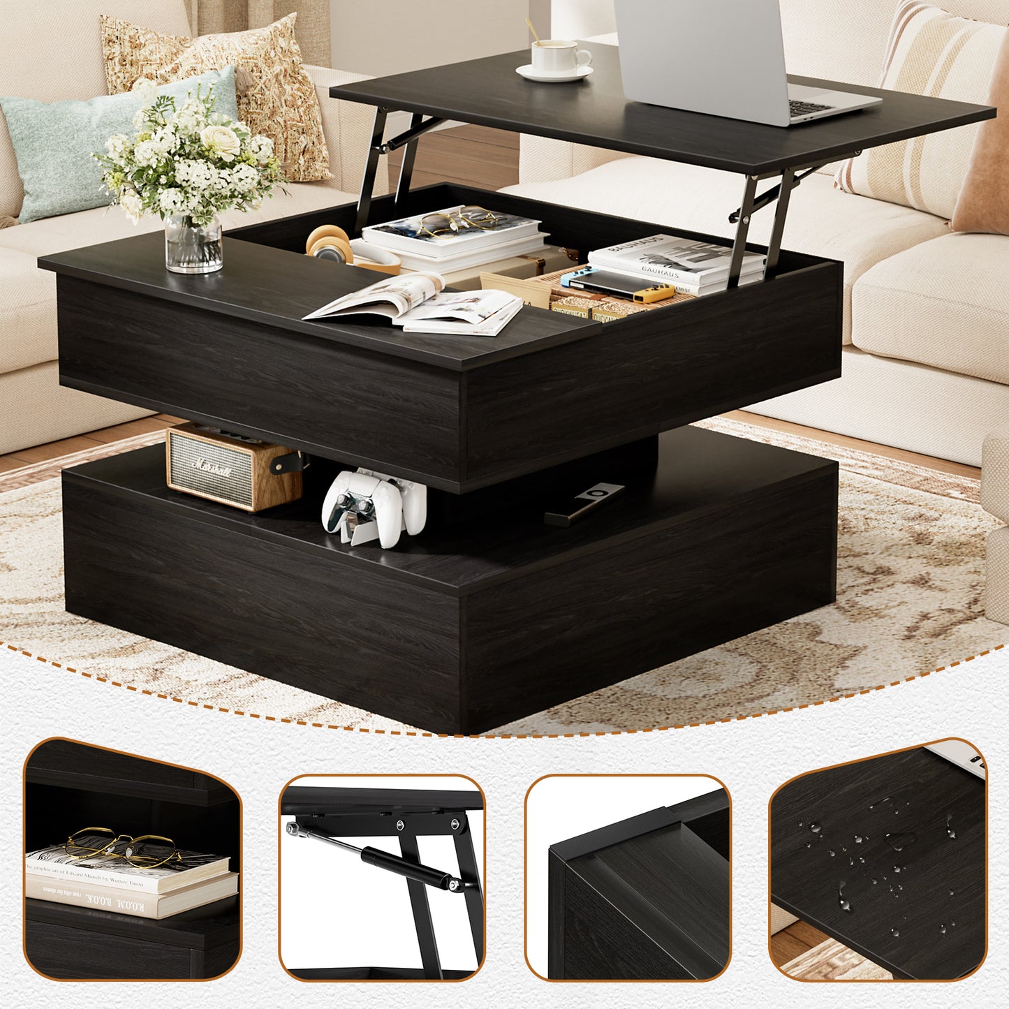 GUNAITO Lift Top Coffee Table with Storage, Wood Square Coffee Table for Living Room,31.5'' Small Center Table with Open Display Shelf for Dining Room, Black