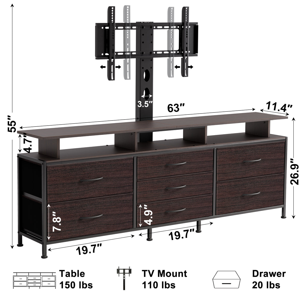 GUNAITO TV Stand with Adjustable Mount for TV up to 70", Big TV Stand for Living Room with Storage , Dark brown