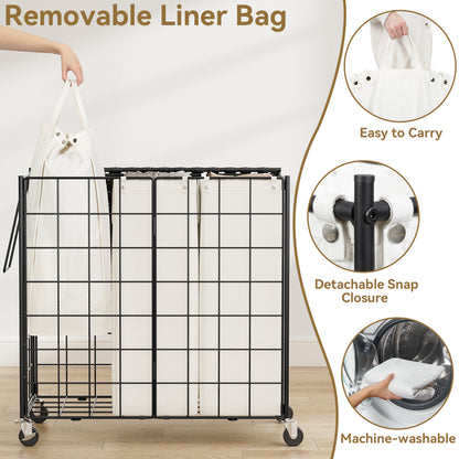 GUNAITO 135L Laundry Basket with Lid and Wheels, Iron Wire Laundry Hamper with Wicker Lid and 3 Removable Liner Bags, Rolling Hamper with Handle (Black & Beige)