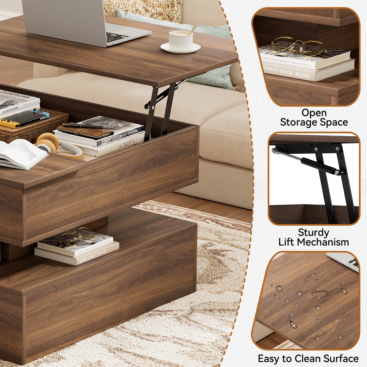 GUNAITO Lift Top Coffee Table with Storage and Hidden Compartment, Wood Square Coffee Table for Living Room, 31.5'' Small Center Table with Open Display Shelf for Dining Reception Room, Walnut