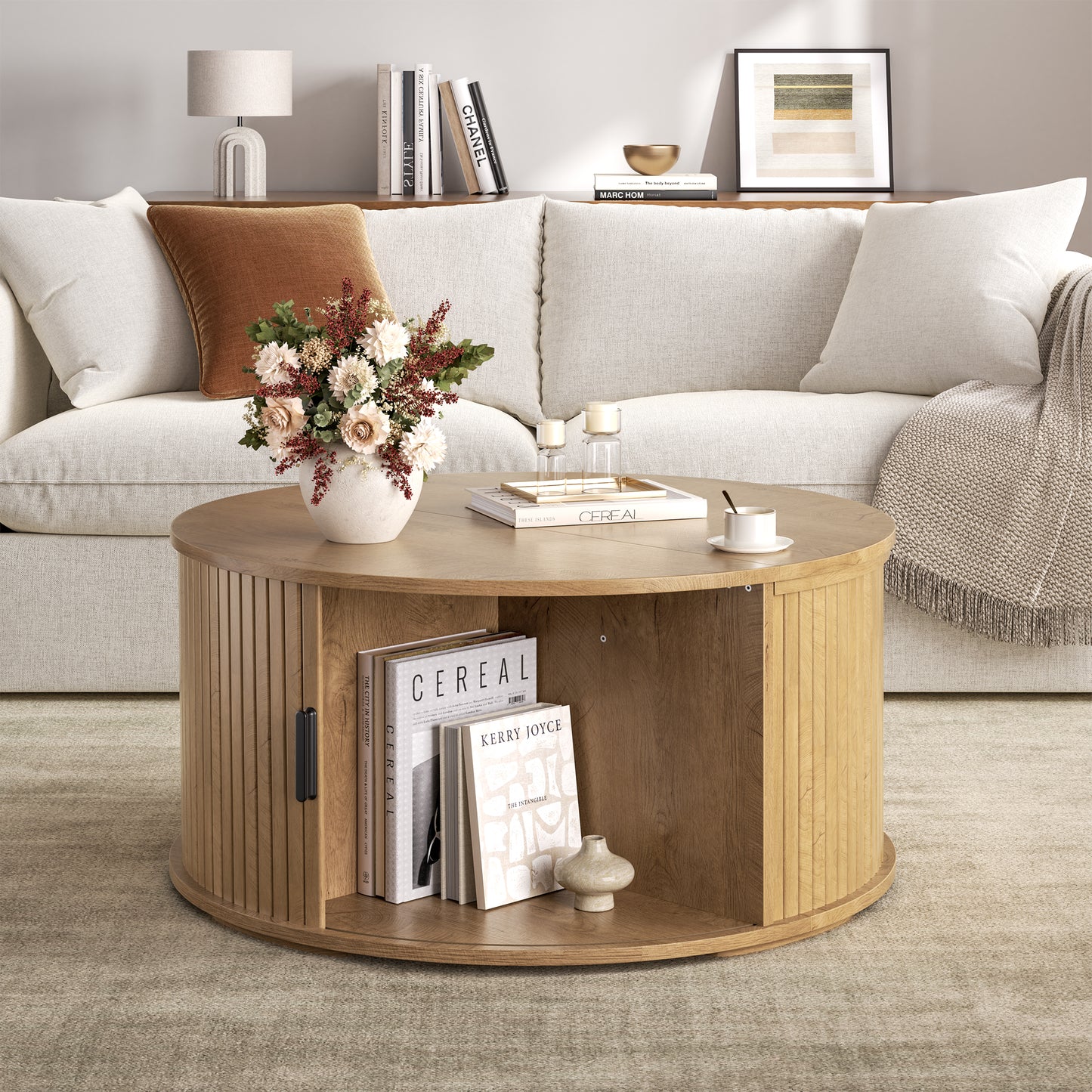 GUNAITO Round Lift Top Coffee Table with Storage and Sliding Door, Wooden Center Table for Living Room, Natural wood