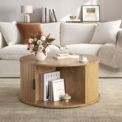 GUNAITO Round Lift Top Coffee Table with Storage and Sliding Door, Wooden Center Table for Living Room, Natural wood