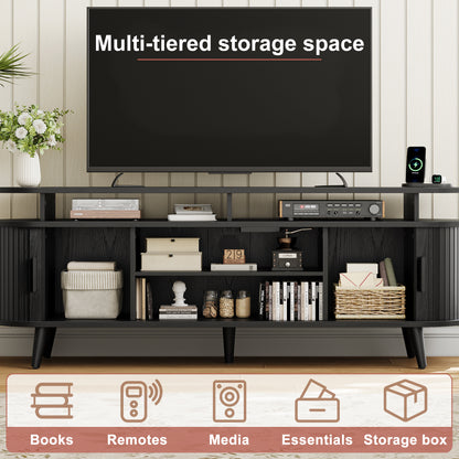 GUNAITO TV Stand for TVs up to 70", Wood TV Stand for Living Room , Entertainment Center with Storage and Shelves, Mid-Century Modern, Black