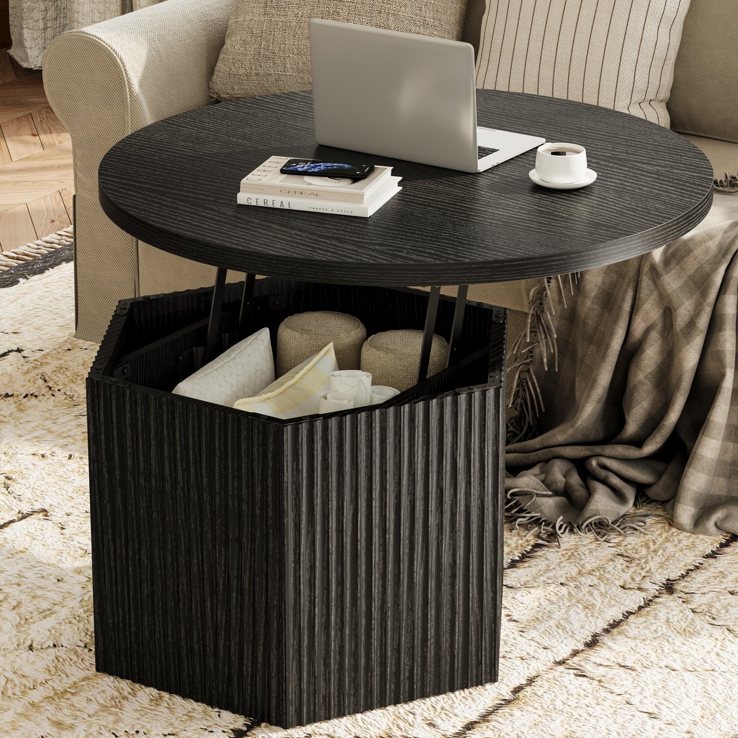 GUNAITO Round Lift Top Coffee Table with Storage, Modern Farmhouse Center Table for Living Room, Black