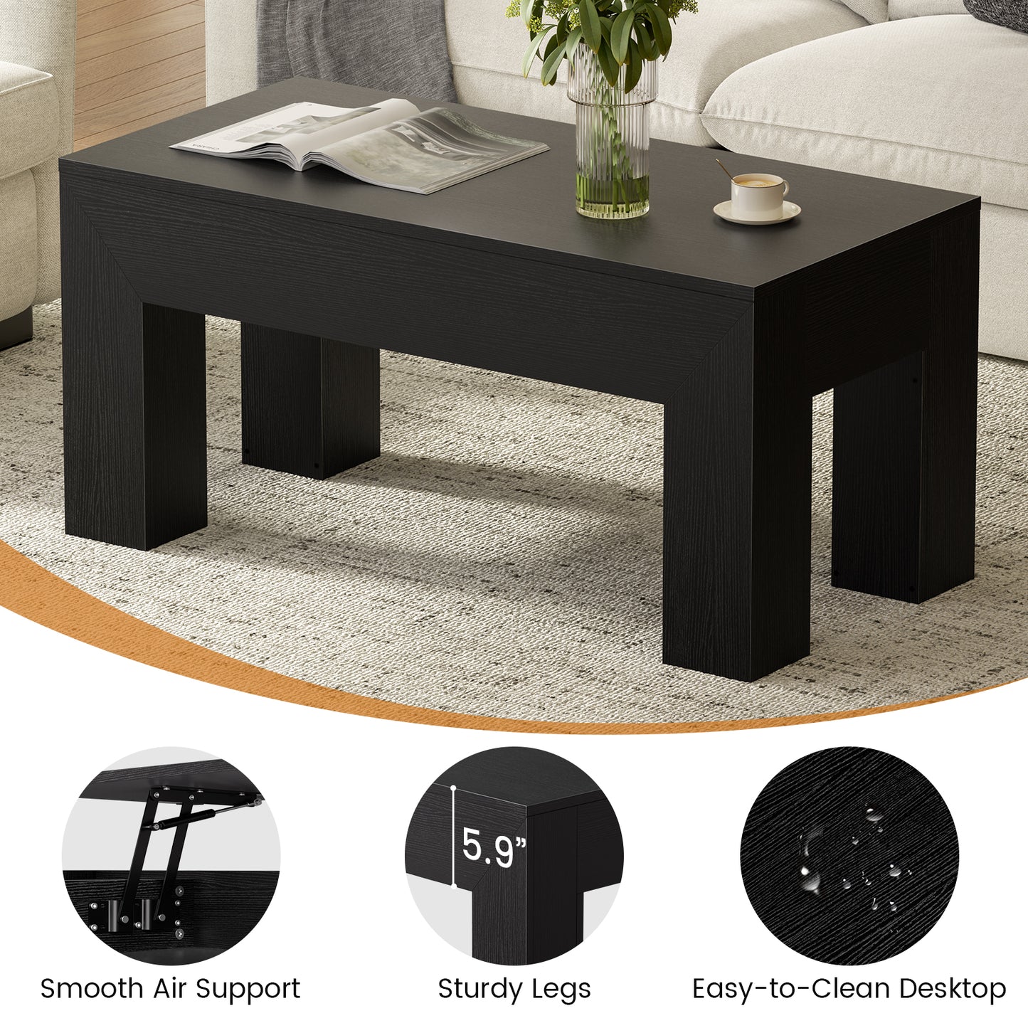 GUNAITO Lift Top Coffee Table with Storage, Wooden Convertible Coffee Table for Living Room, Farmhouse Center Table, Black