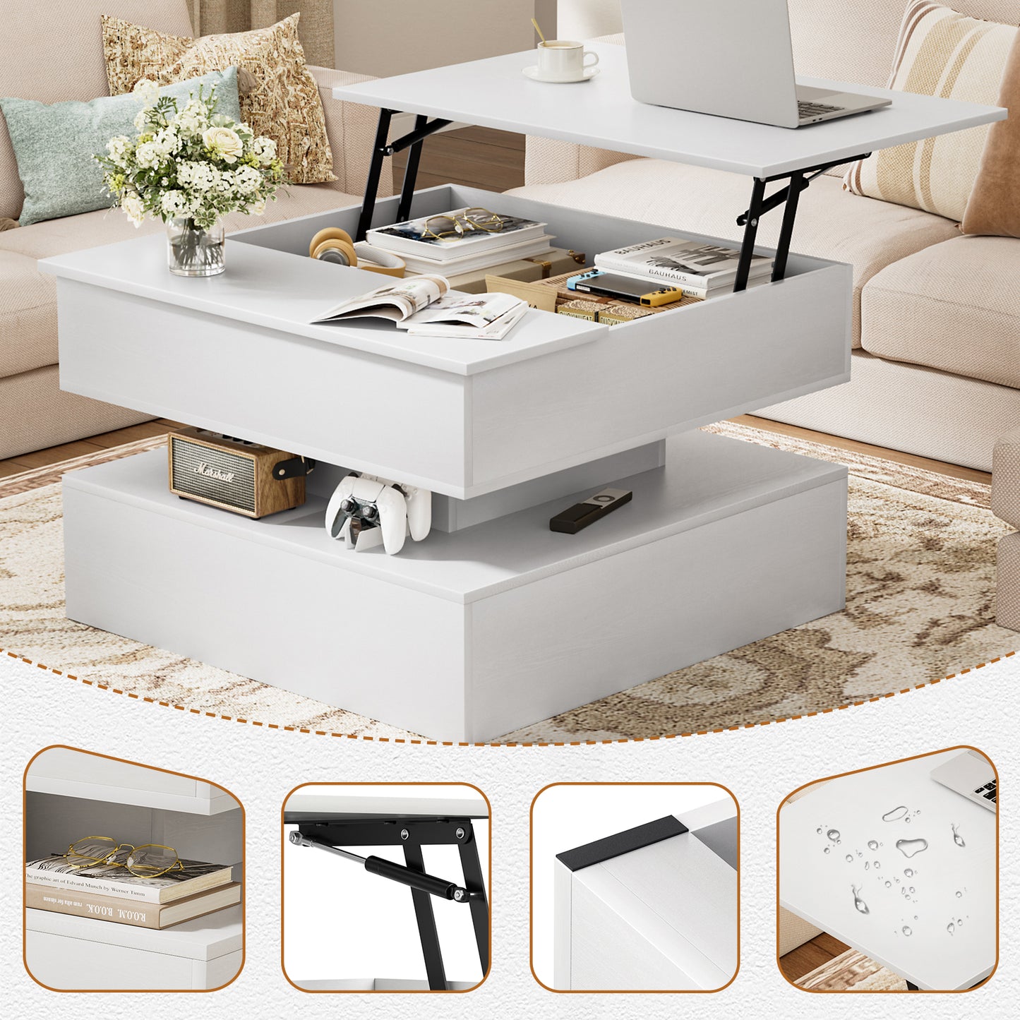 GUNAITO Lift Top Coffee Table with Storage, Wood Square Coffee Table for Living Room, 31.5'' Small Center Table with Open Display Shelf for Dining Room, White