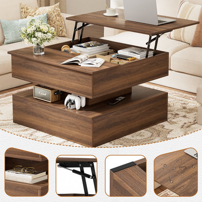 GUNAITO Lift Top Coffee Table with Storage and Hidden Compartment, Wood Square Coffee Table for Living Room, 31.5'' Small Center Table with Open Display Shelf for Dining Reception Room, Walnut