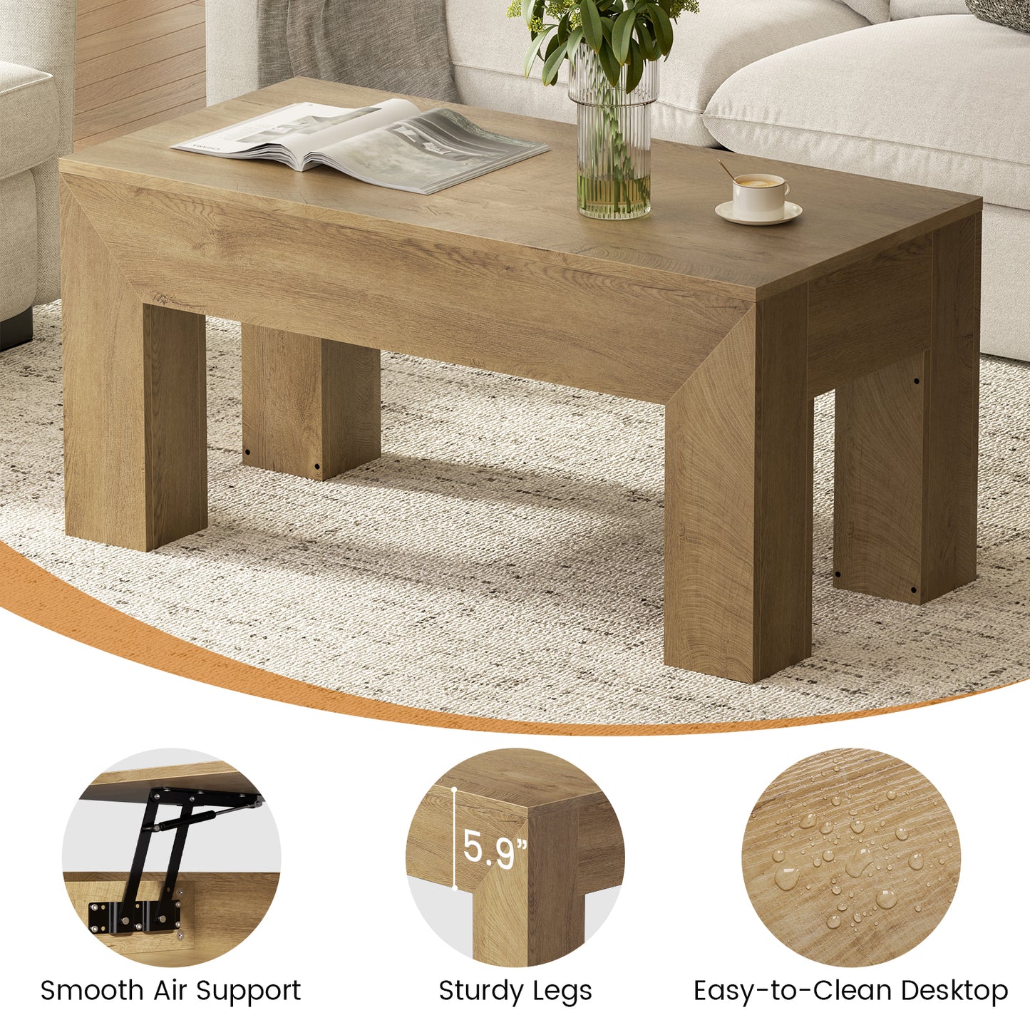 GUNAITO Lift Top Coffee Table with Storage, Wooden Convertible Coffee Table for Living Room, Farmhouse Center Table, Natural